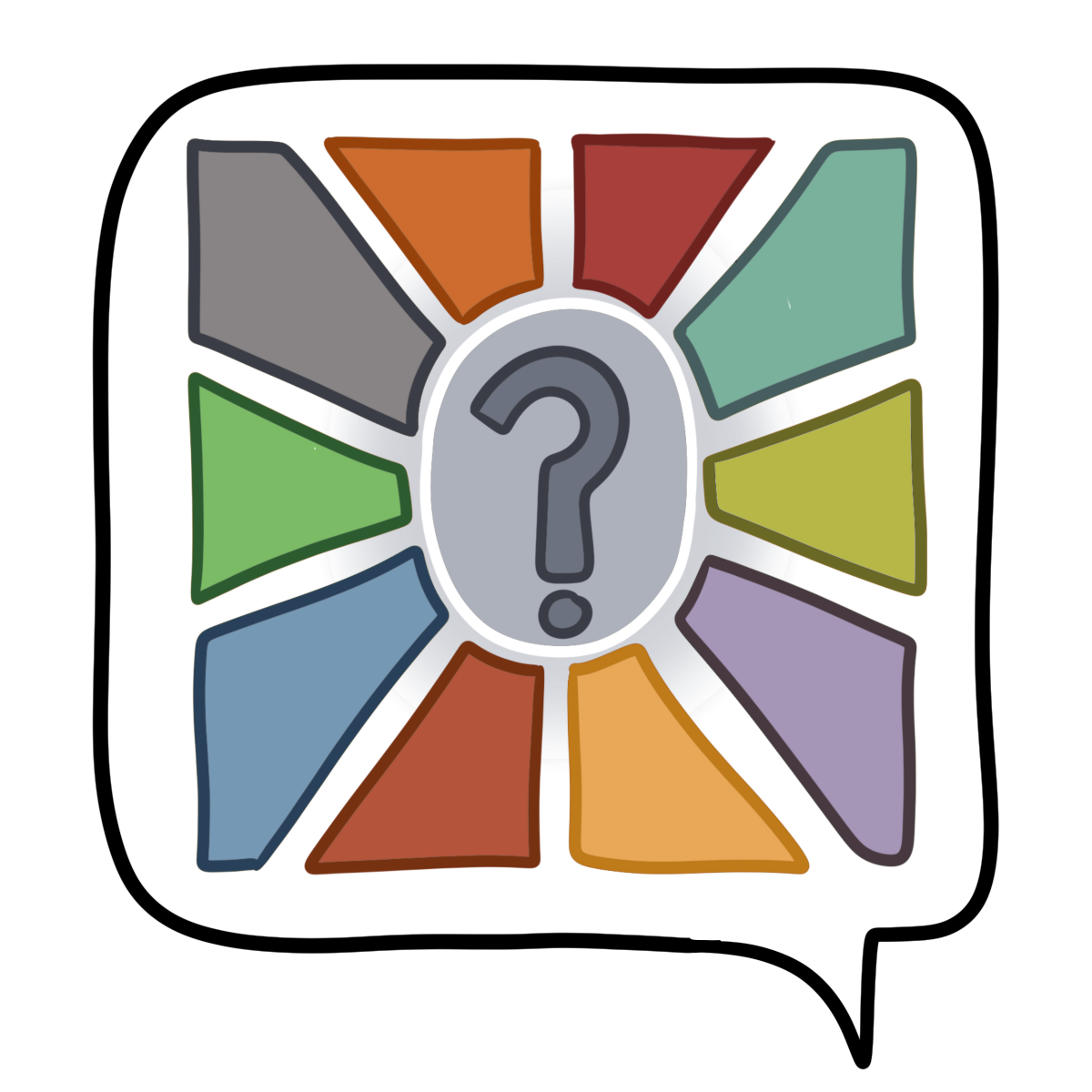 A speech bubble with a gray oval with a question mark and multicolored rays coming off it inside it.